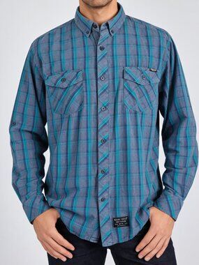 Marc Ecko Cut & Sew XL Blue Teal Plaid Button Down Y2K Streetwear Shirt